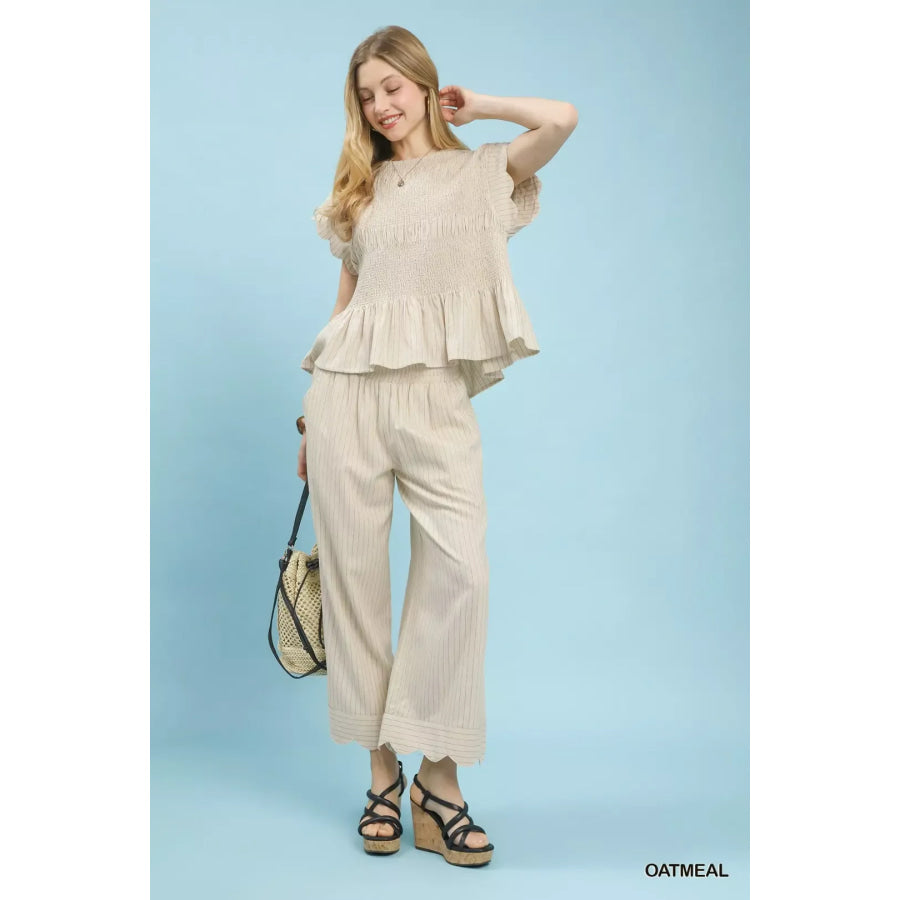 Umgee Pinstripe Smocked Peplum Top Apparel and Accessories