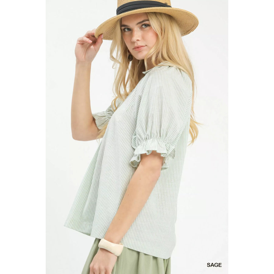 Umgee Pinstripe V-Neck Ruffle Sleeve Blouse SAGE / S Apparel and Accessories