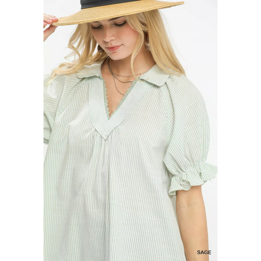 Umgee Pinstripe V-Neck Ruffle Sleeve Blouse Apparel and Accessories