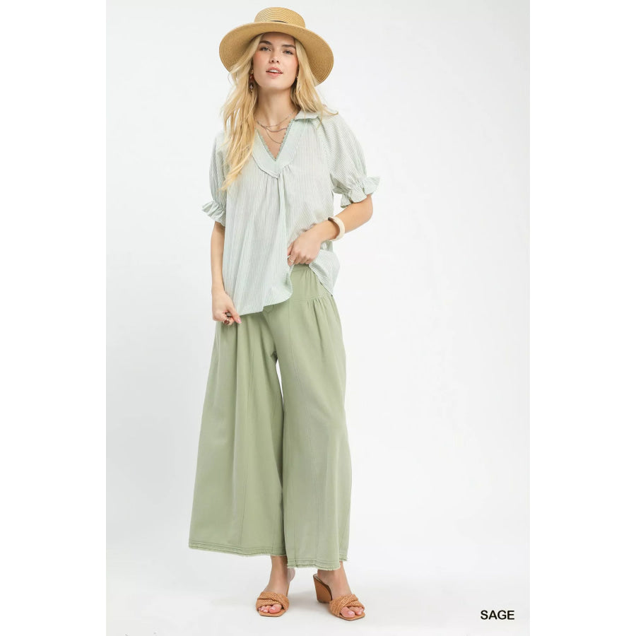 Umgee Pinstripe V-Neck Ruffle Sleeve Blouse Apparel and Accessories