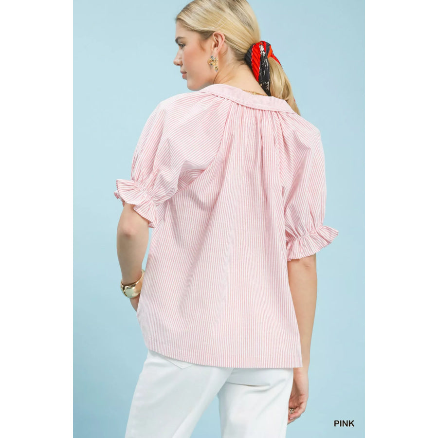 Umgee Pinstripe V-Neck Ruffle Sleeve Blouse Apparel and Accessories