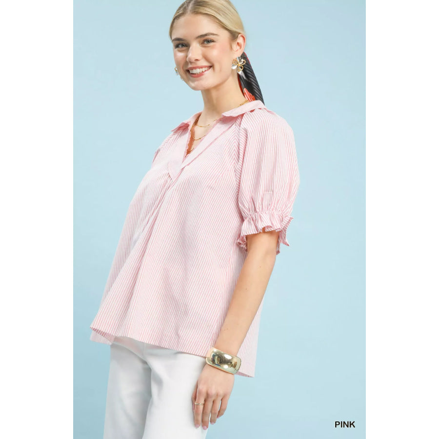 Umgee Pinstripe V-Neck Ruffle Sleeve Blouse PINK / S Apparel and Accessories