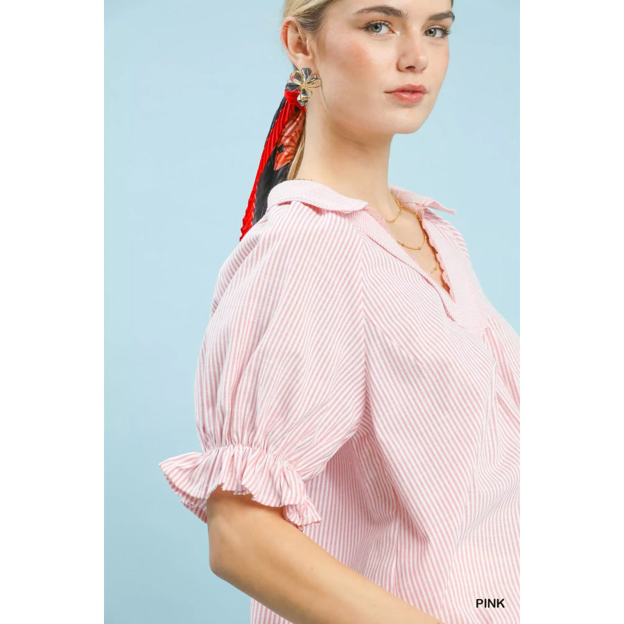 Umgee Pinstripe V-Neck Ruffle Sleeve Blouse Apparel and Accessories