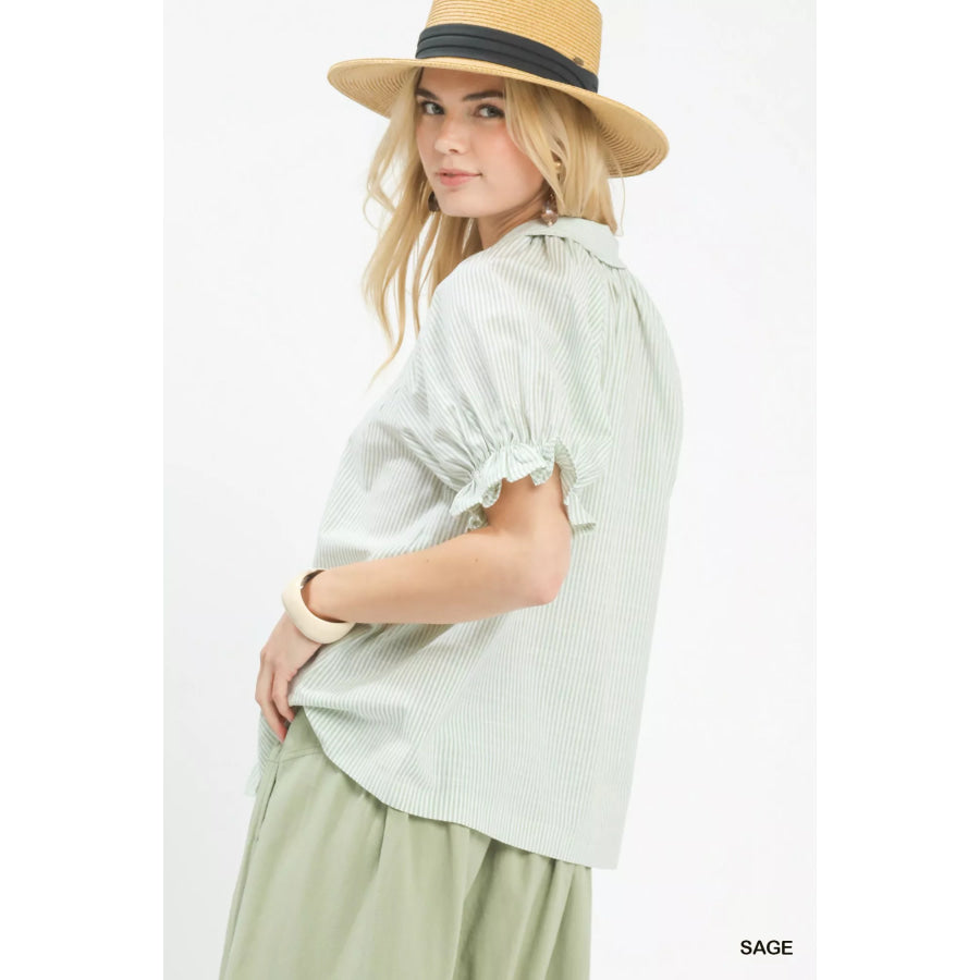 Umgee Pinstripe V-Neck Ruffle Sleeve Blouse Apparel and Accessories