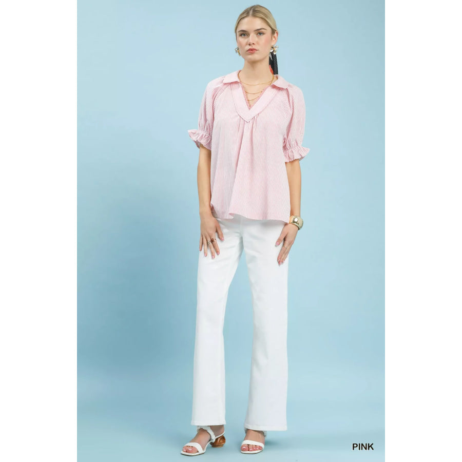Umgee Pinstripe V-Neck Ruffle Sleeve Blouse Apparel and Accessories