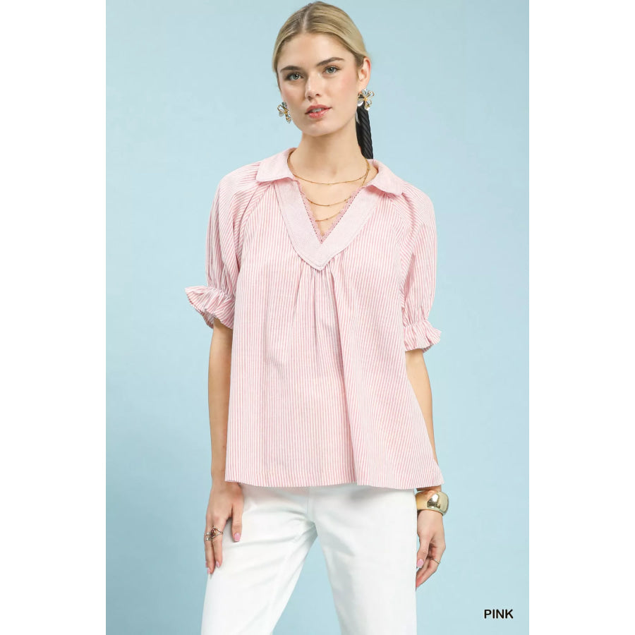Umgee Pinstripe V-Neck Ruffle Sleeve Blouse PINK / S Apparel and Accessories