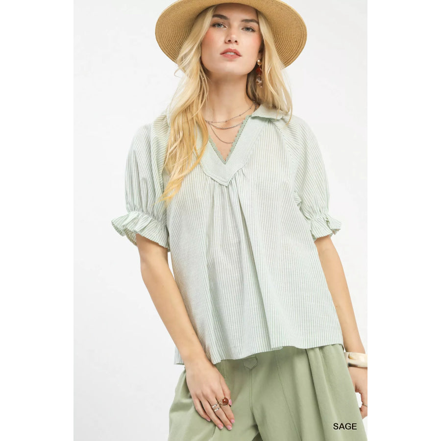 Umgee Pinstripe V-Neck Ruffle Sleeve Blouse SAGE / S Apparel and Accessories