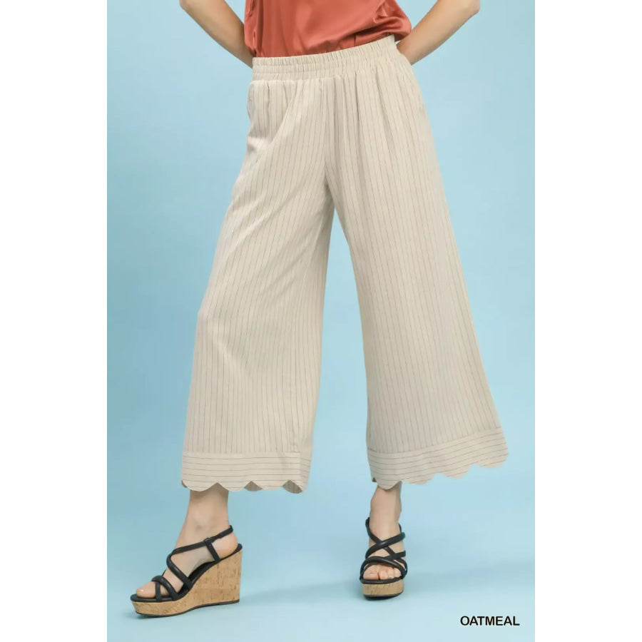 Umgee Pinstripe Wide Leg Pants OATMEAL / S Apparel and Accessories