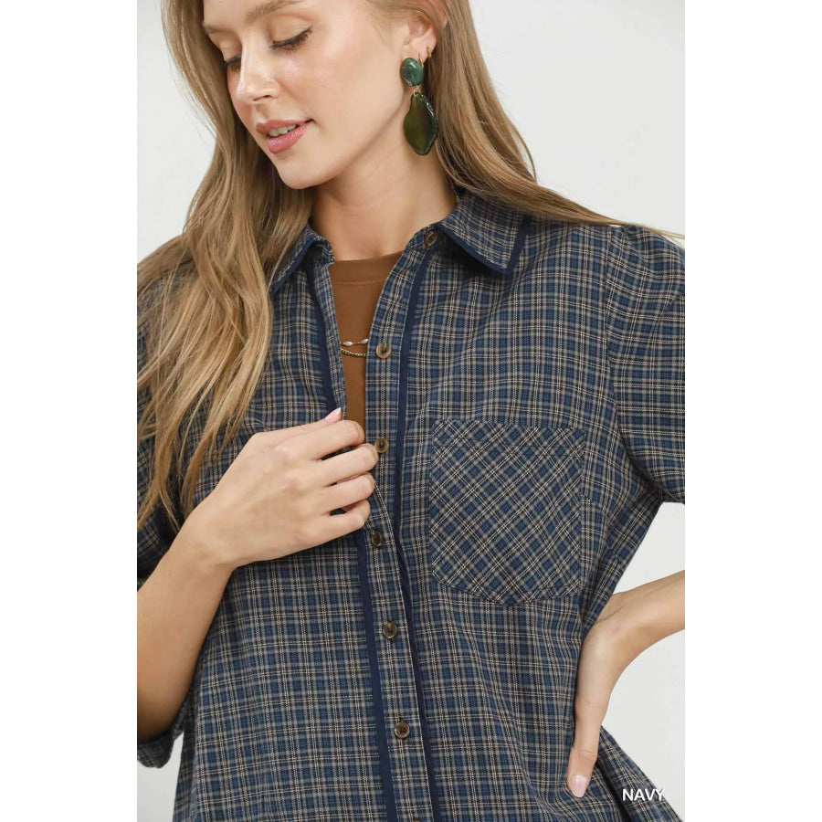 Umgee Plaid Button Down Oversized Shirt Dress Apparel and Accessories