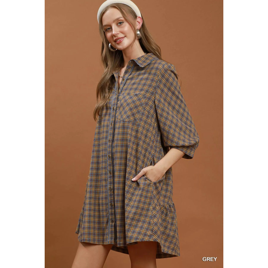Umgee Plaid Button Down Oversized Shirt Dress GREY / S Apparel and Accessories