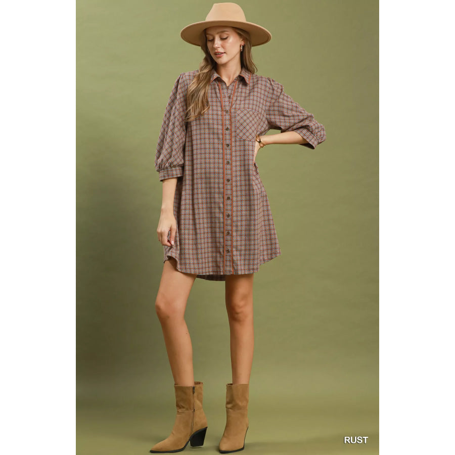 Umgee Plaid Button Down Oversized Shirt Dress Apparel and Accessories