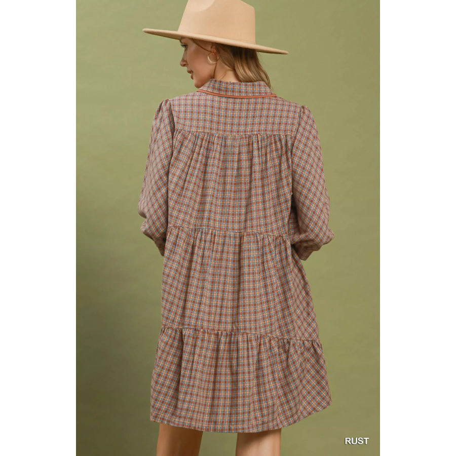 Umgee Plaid Button Down Oversized Shirt Dress Apparel and Accessories