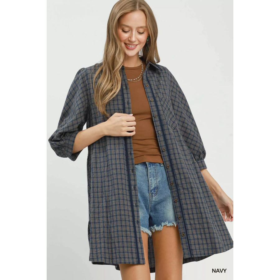 Umgee Plaid Button Down Oversized Shirt Dress Apparel and Accessories