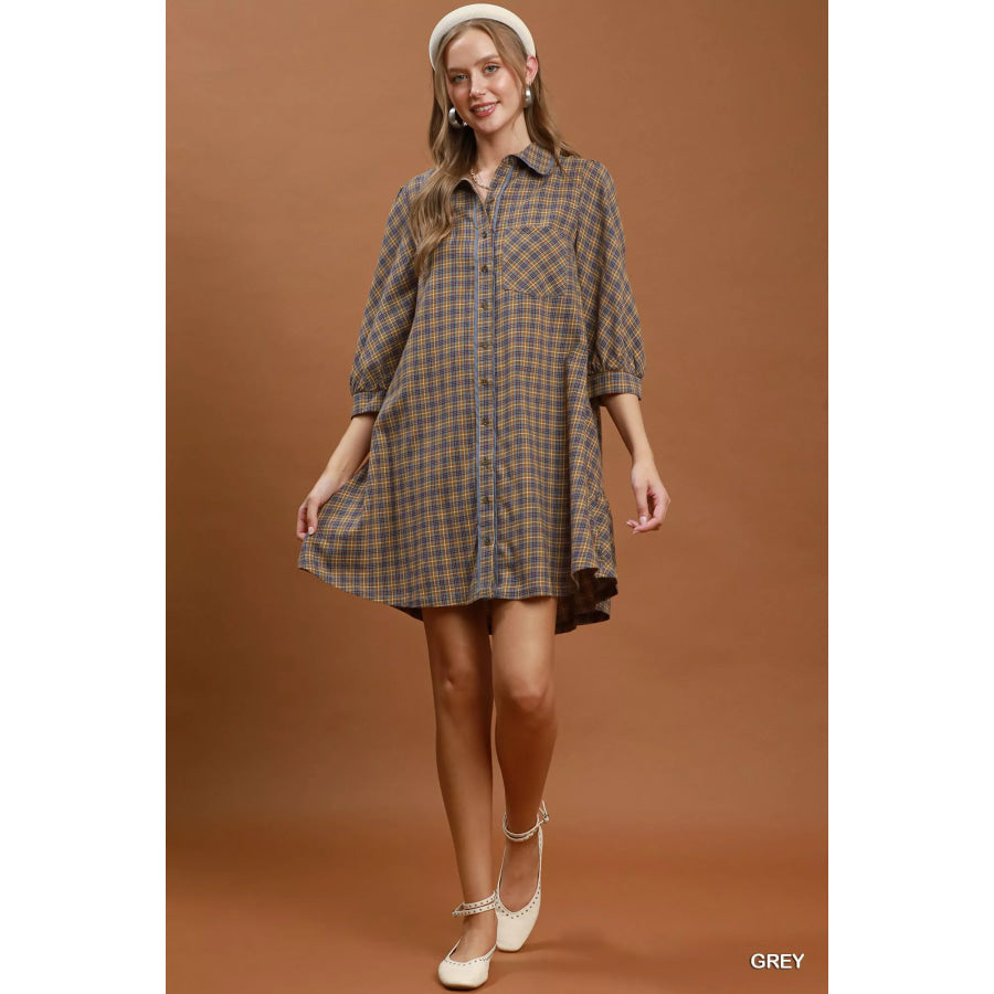 Umgee Plaid Button Down Oversized Shirt Dress Apparel and Accessories