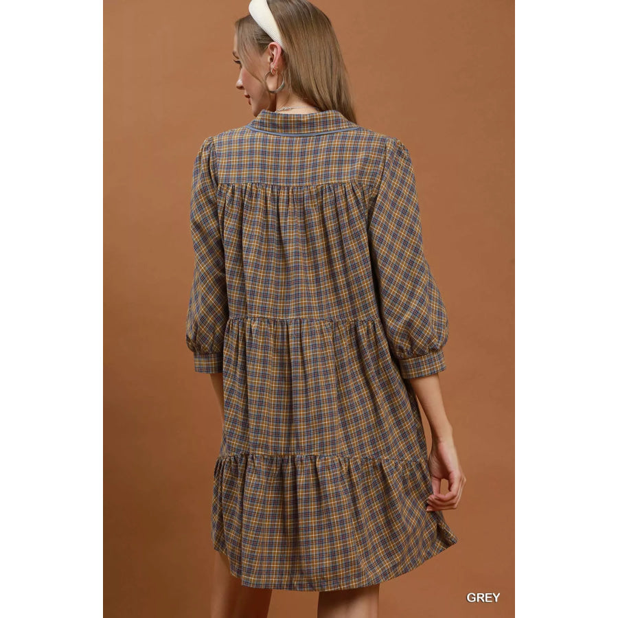 Umgee Plaid Button Down Oversized Shirt Dress Apparel and Accessories