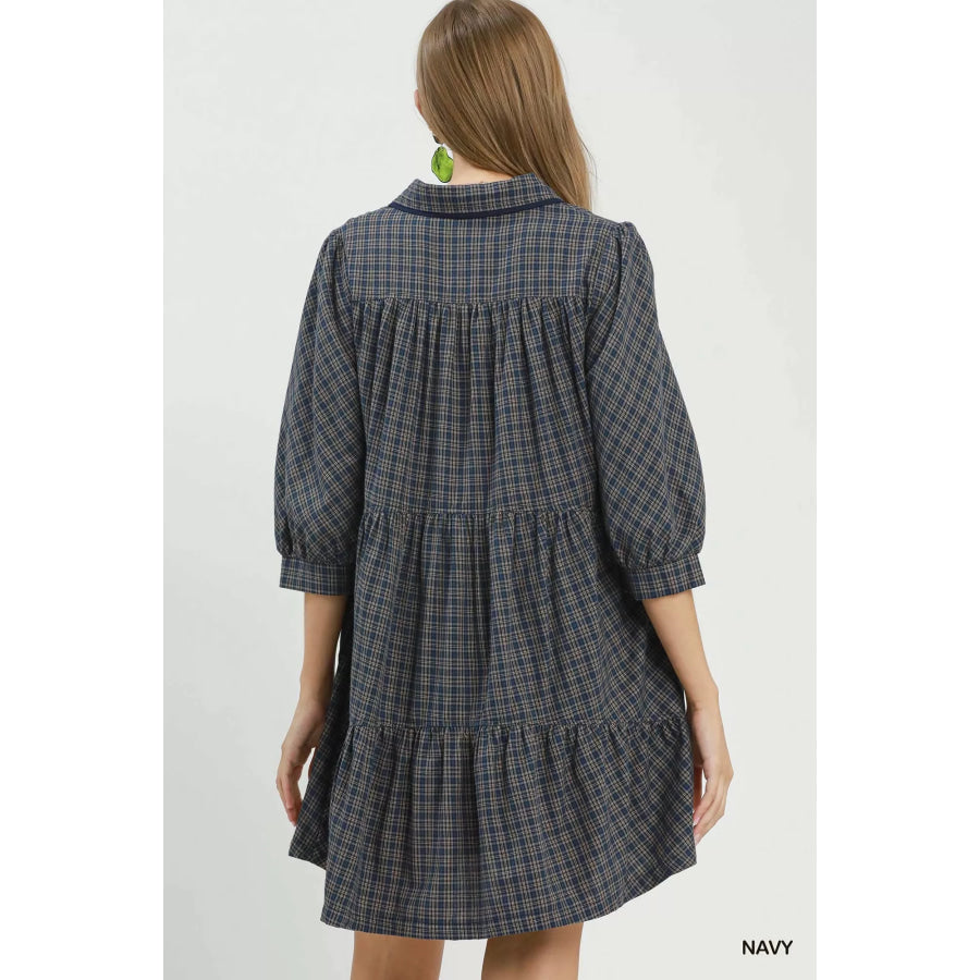 Umgee Plaid Button Down Oversized Shirt Dress Apparel and Accessories