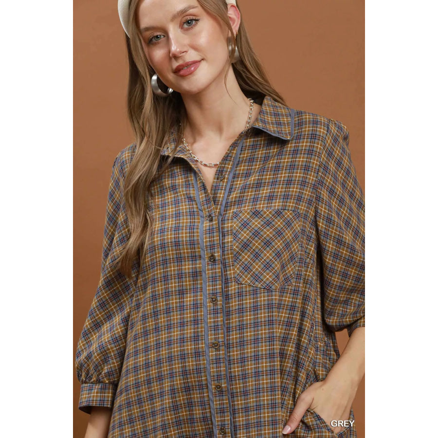 Umgee Plaid Button Down Oversized Shirt Dress Apparel and Accessories