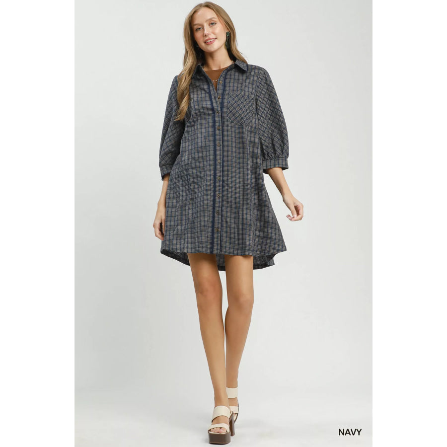 Umgee Plaid Button Down Oversized Shirt Dress Apparel and Accessories