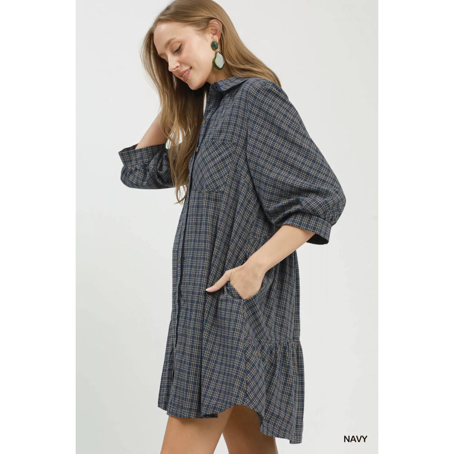Umgee Plaid Button Down Oversized Shirt Dress Apparel and Accessories