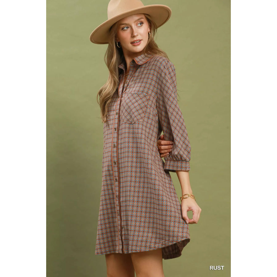 Umgee Plaid Button Down Oversized Shirt Dress Apparel and Accessories