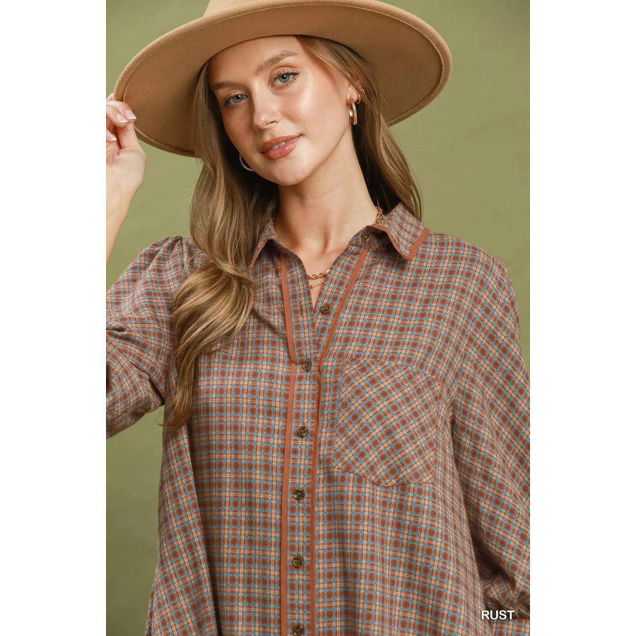 Umgee Plaid Button Down Oversized Shirt Dress Apparel and Accessories