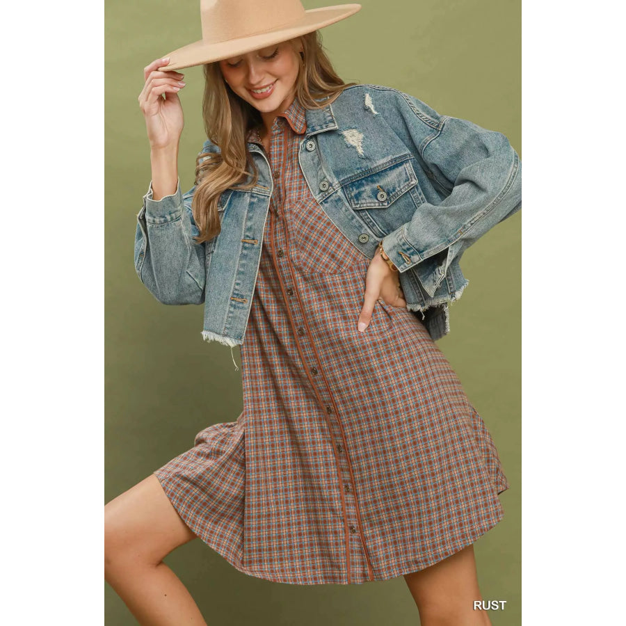 Umgee Plaid Button Down Oversized Shirt Dress Apparel and Accessories