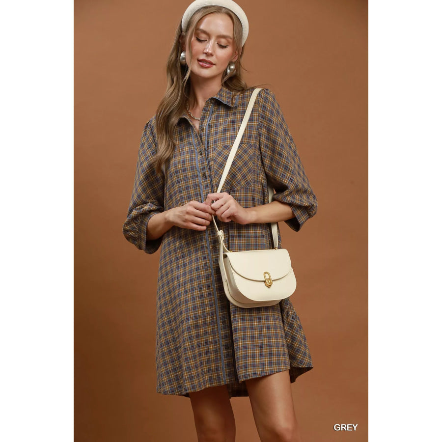 Umgee Plaid Button Down Oversized Shirt Dress GREY / S Apparel and Accessories