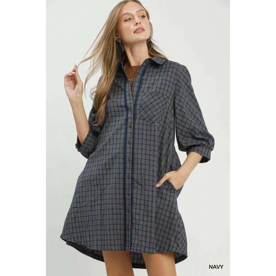 Umgee Plaid Button Down Oversized Shirt Dress NAVY / S Apparel and Accessories