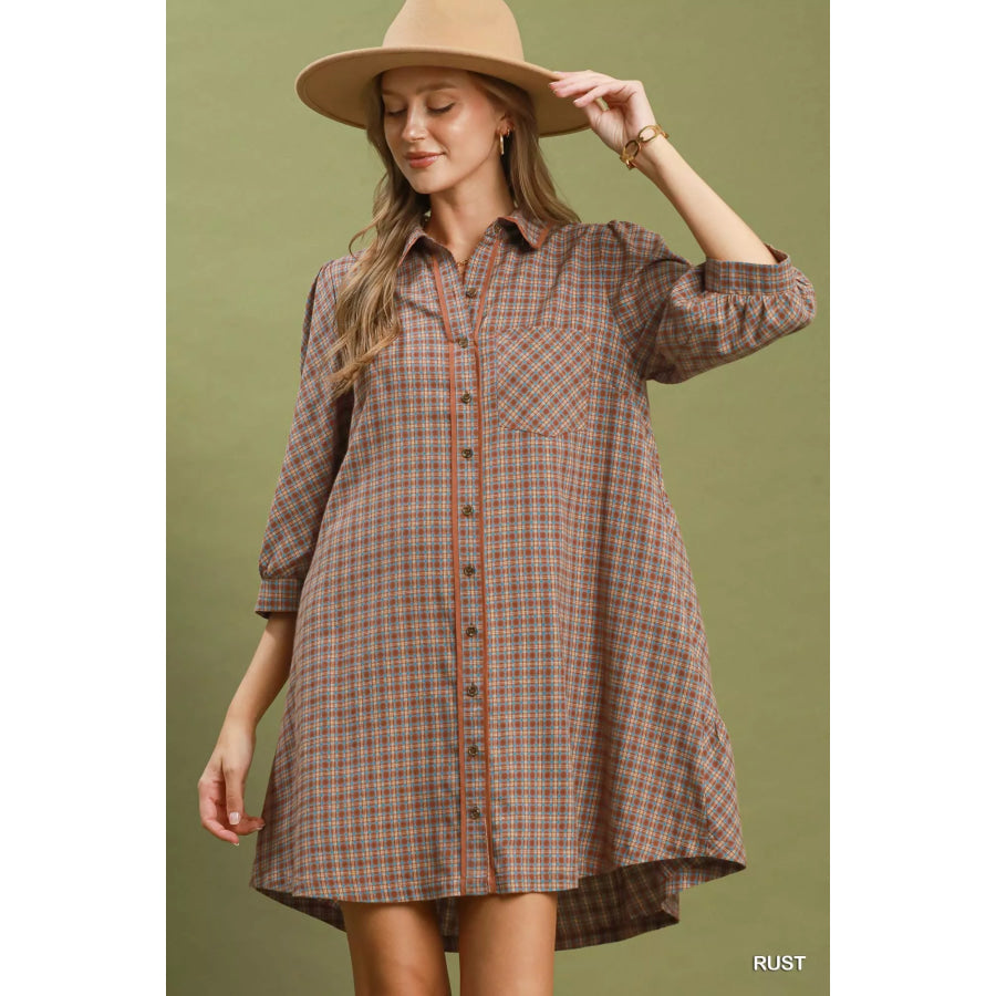 Umgee Plaid Button Down Oversized Shirt Dress RUST / S Apparel and Accessories