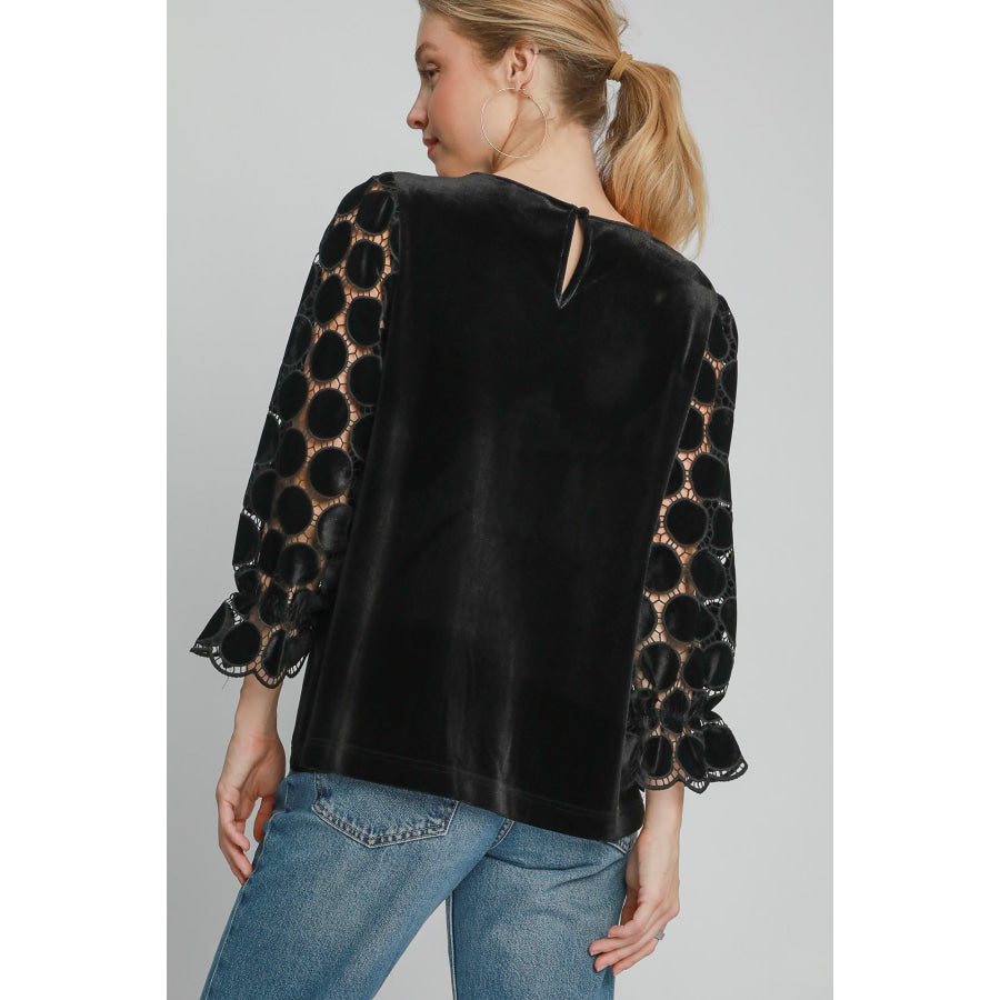 Umgee Polka Dot Lace Long Sleeve Round Neck Blouse Black / S Apparel and Accessories