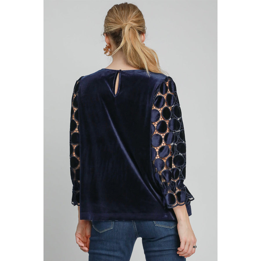 Umgee Polka Dot Lace Long Sleeve Round Neck Blouse Apparel and Accessories