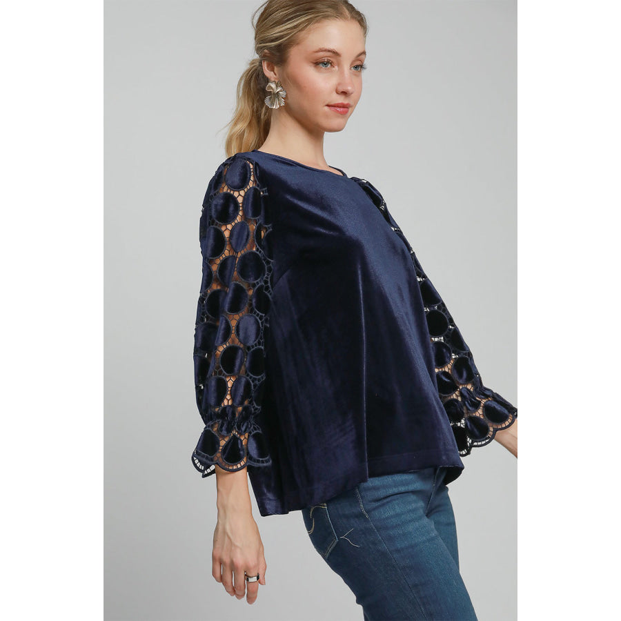 Umgee Polka Dot Lace Long Sleeve Round Neck Blouse Apparel and Accessories