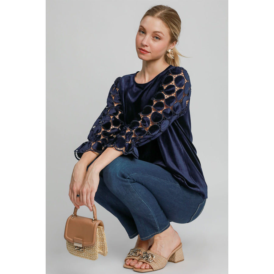 Umgee Polka Dot Lace Long Sleeve Round Neck Blouse Apparel and Accessories