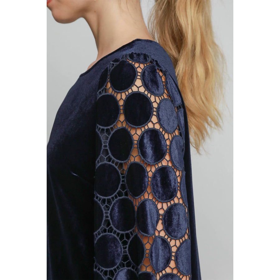 Umgee Polka Dot Lace Long Sleeve Round Neck Blouse Apparel and Accessories