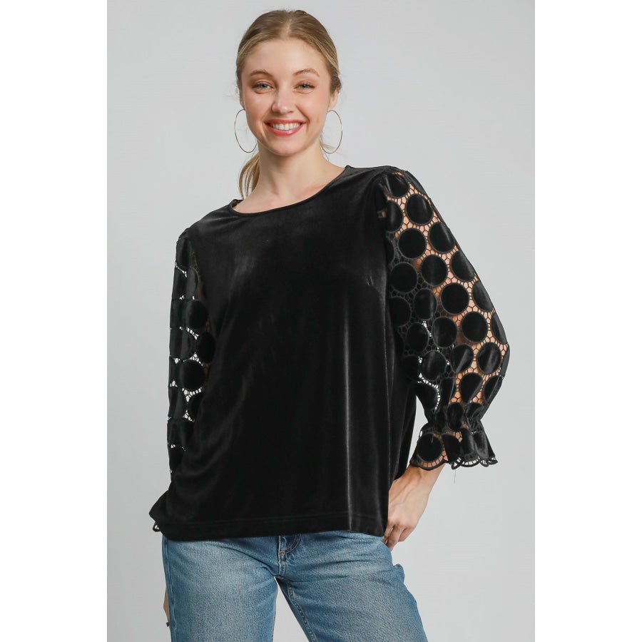 Umgee Polka Dot Lace Long Sleeve Round Neck Blouse Black / S Apparel and Accessories