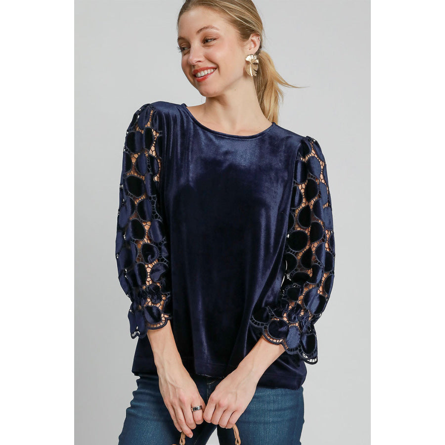 Umgee Polka Dot Lace Long Sleeve Round Neck Blouse Navy / S Apparel and Accessories