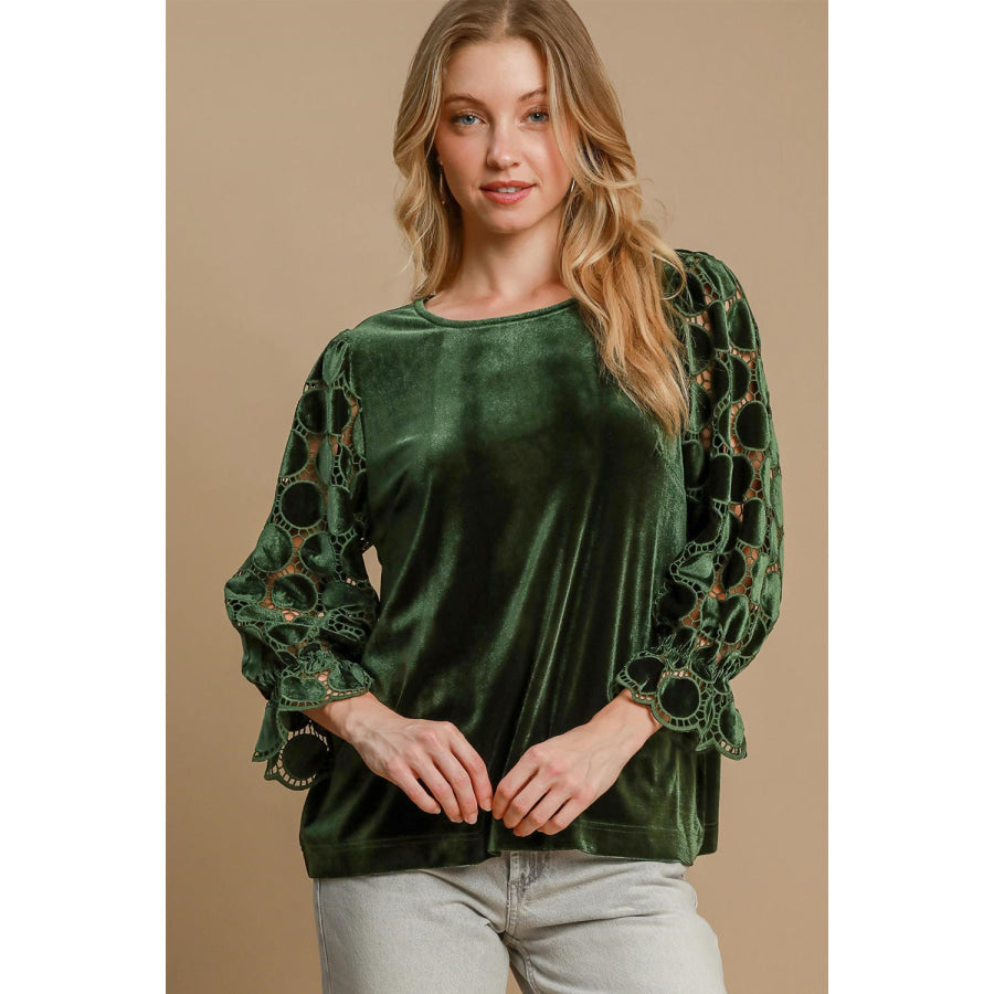 Umgee Polka Dot Lace Long Sleeve Round Neck Blouse Olive / S Apparel and Accessories