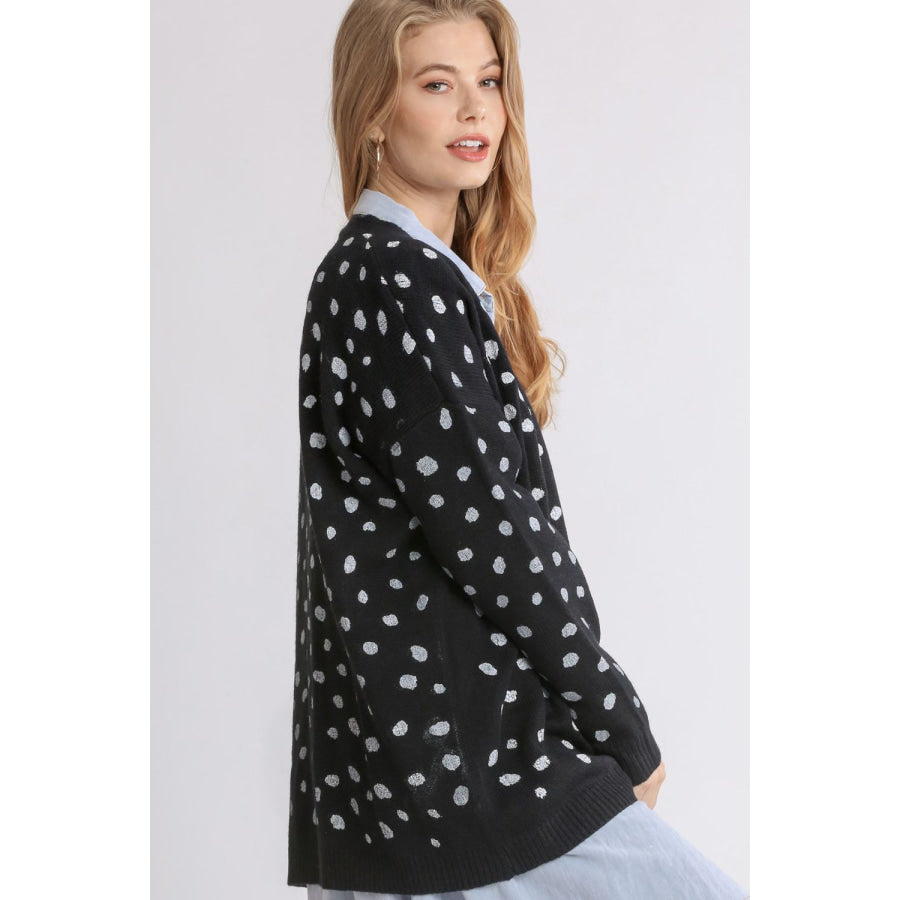 Umgee Polka Dot Open Front Drop Shoulder Cardigan Apparel and Accessories