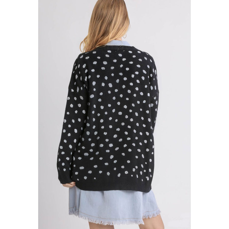 Umgee Polka Dot Open Front Drop Shoulder Cardigan Apparel and Accessories