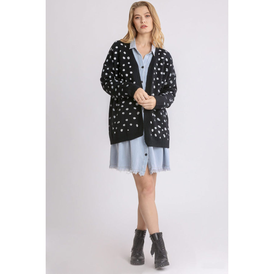 Umgee Polka Dot Open Front Drop Shoulder Cardigan Apparel and Accessories