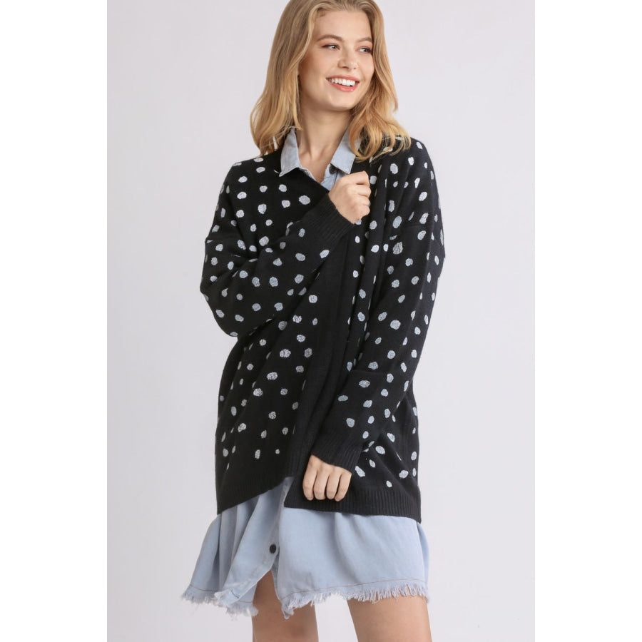 Umgee Polka Dot Open Front Drop Shoulder Cardigan Black / S Apparel and Accessories