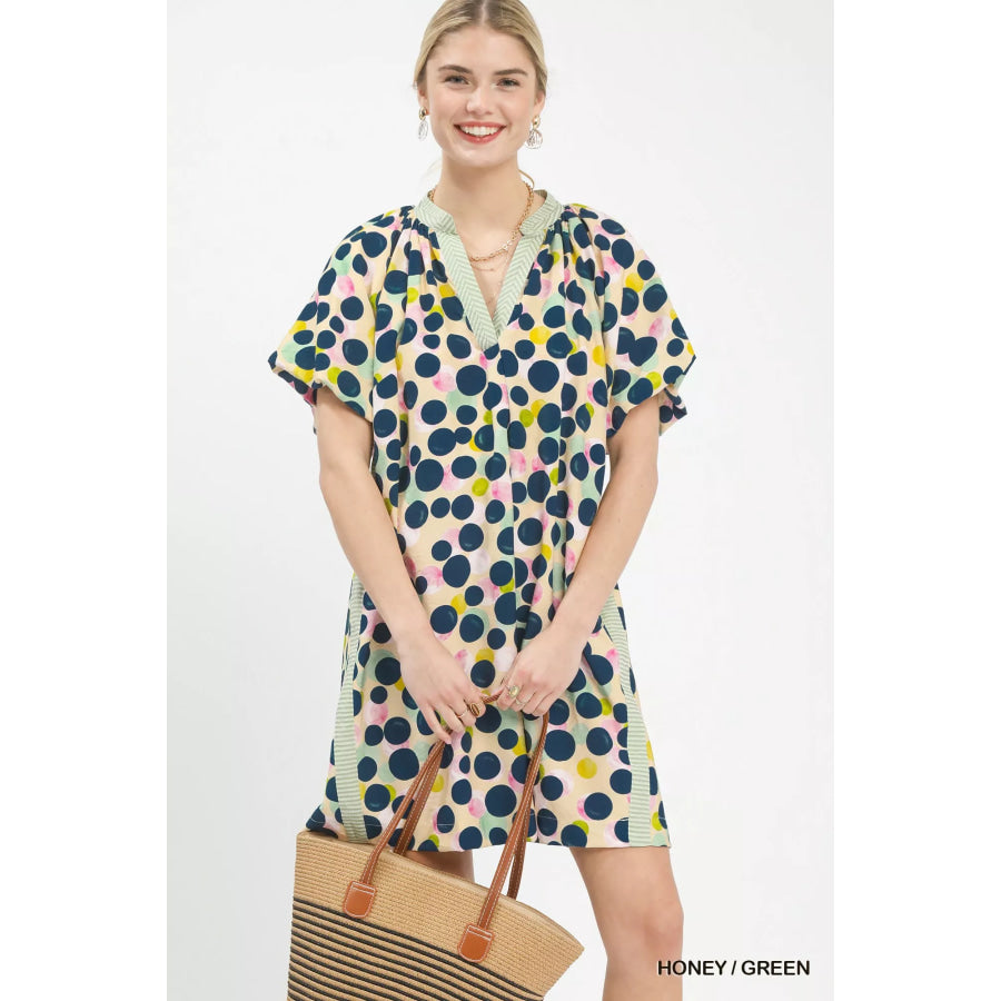 Umgee Polka Dot Print Tunic Dress HONEY / GREEN / S Apparel and Accessories