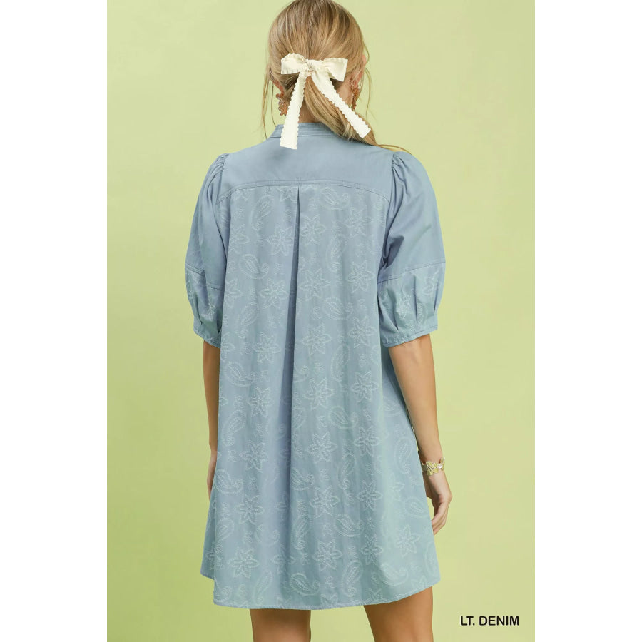 Umgee Print Denim Dress with Contrast Stitch Apparel and Accessories