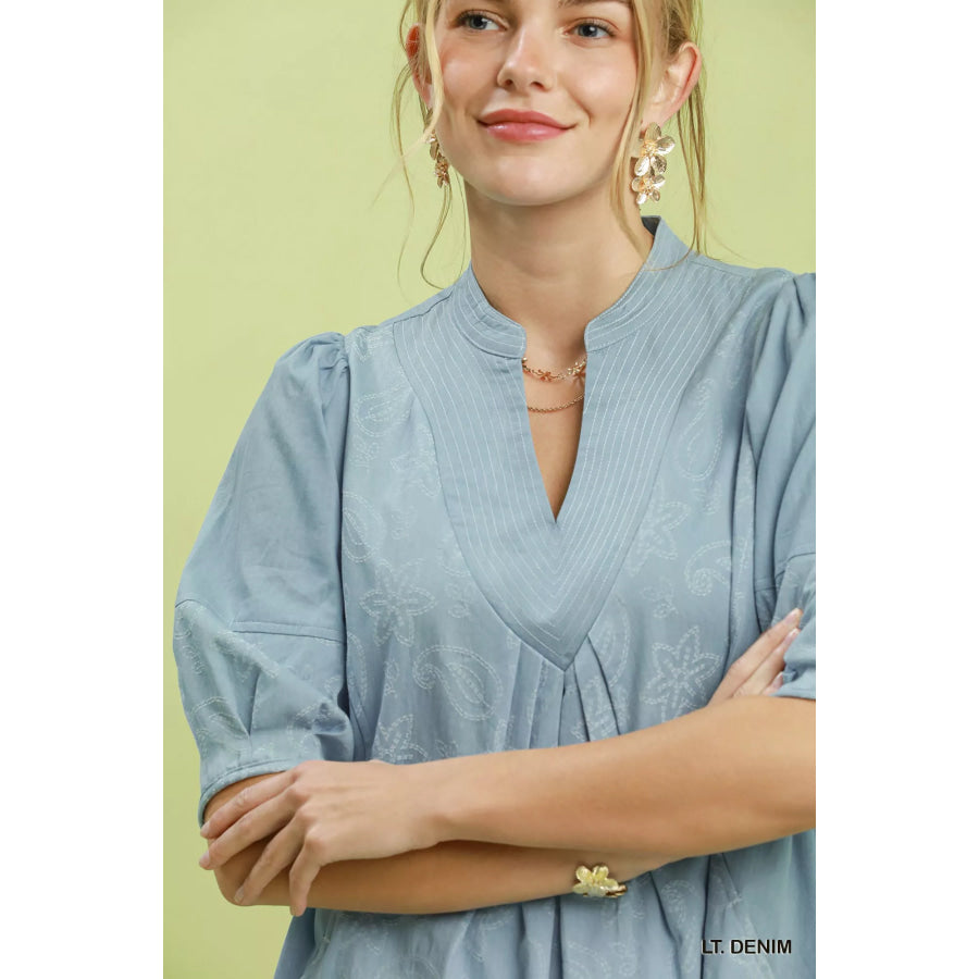 Umgee Print Denim Dress with Contrast Stitch Apparel and Accessories
