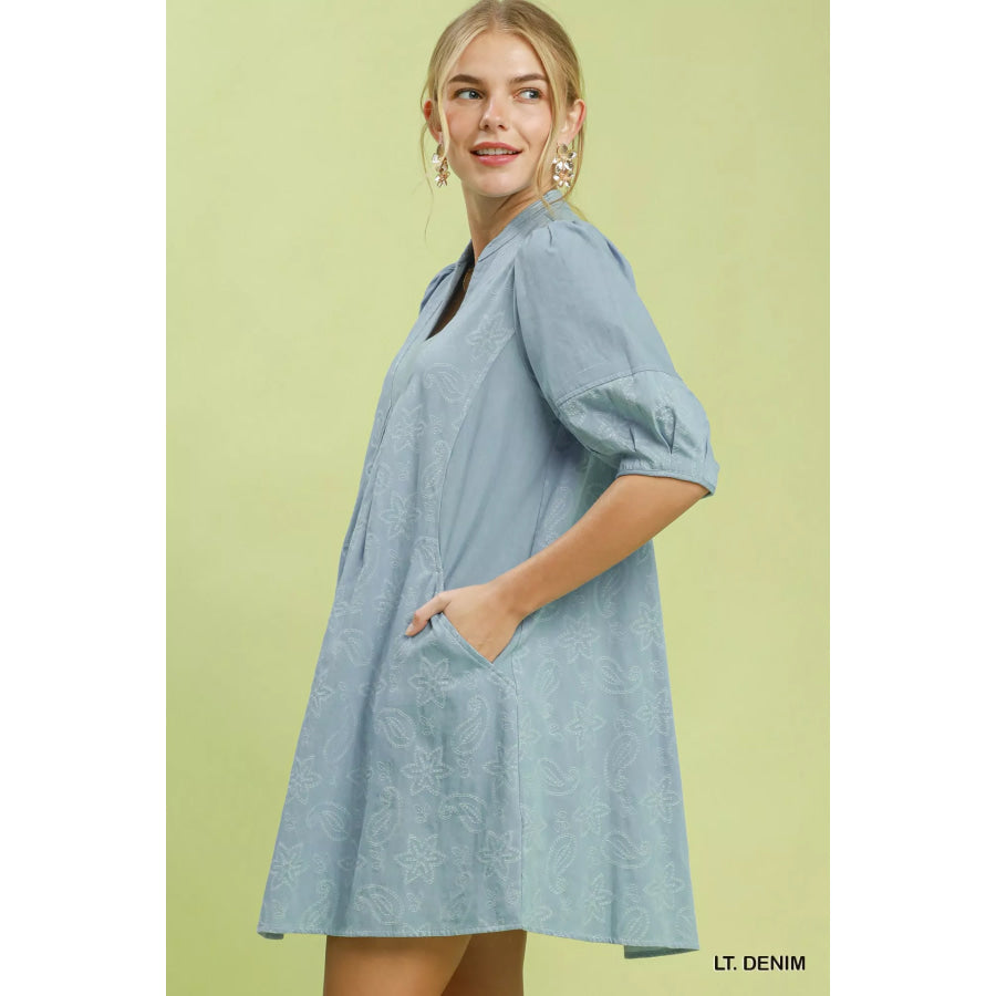 Umgee Print Denim Dress with Contrast Stitch LT. DENIM / S Apparel and Accessories