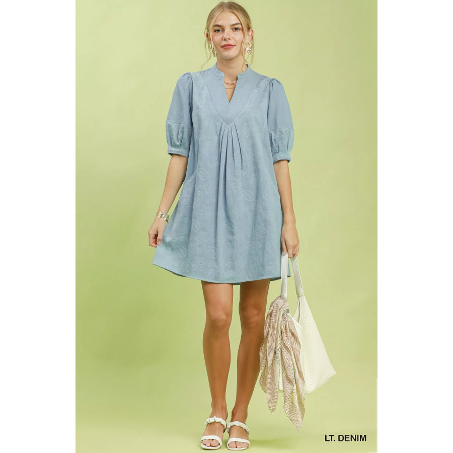 Umgee Print Denim Dress with Contrast Stitch Apparel and Accessories