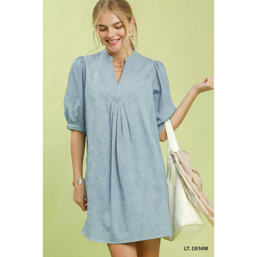 Umgee Print Denim Dress with Contrast Stitch LT. DENIM / S Apparel and Accessories