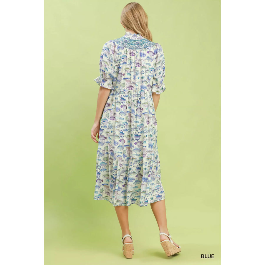 Umgee Print Tiered Midi Dress Apparel and Accessories
