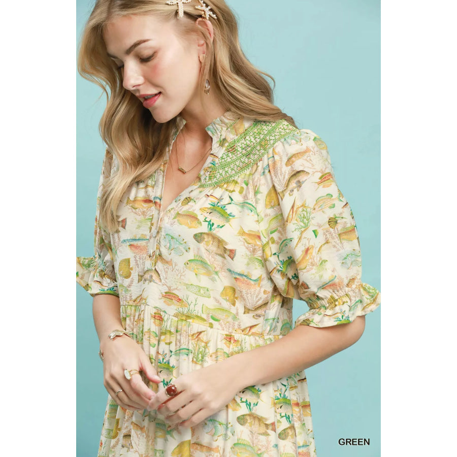 Umgee Print Tiered Midi Dress Apparel and Accessories