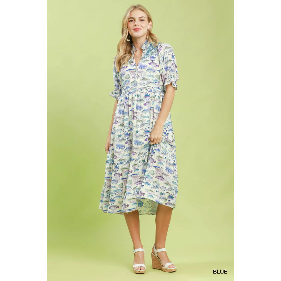 Umgee Print Tiered Midi Dress Apparel and Accessories